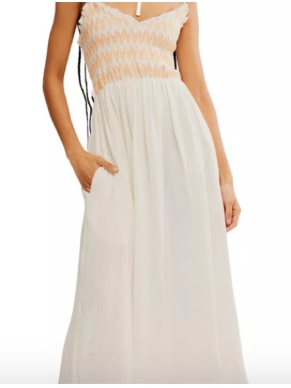 Free People Women’s Boho Smocked Bodice White Gauze Maxi Sleeveles Dress New S-M
